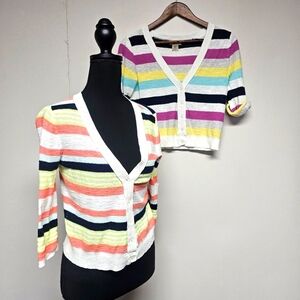 Arizona Jeans Y2k Cropped Roll Tab Sleeve Striped Cardigans Coral Green White